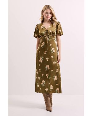 Dorothy Perkins Floral Tie Front Button Up Puff Sleeve Midi Dress - Natural