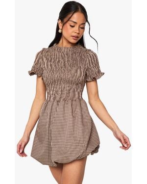 Boohoo Flannel Shirred Puff Sleeve Mini Dress - Brown