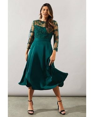 Wallis Satin And Mesh Overlay Fit And Flare Dress - Green