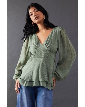 Warehouse Plunge Neck Dobby Chiffon Double Layer Blouse - Gray