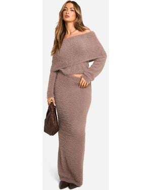 Boohoo Fluffy Knitted Maxi Skirt - Brown