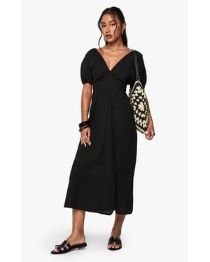 Boohoo Linen Tie Back Puff Sleeve Midaxi Dress - Black