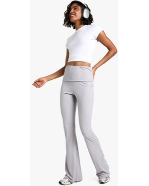Boohoo Tall Fold Over Waist Soft Rib Flare Trouser - White