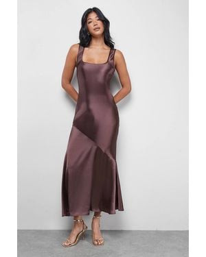 Warehouse Satin Scoop Neck Bias Midi Slip Dress - Brown