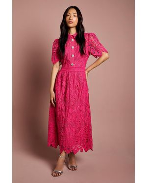 Coast Short Sleeve Collared Lace Midi Dress - Pink