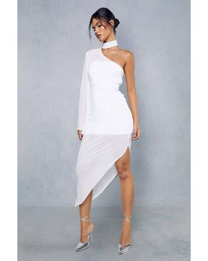 MissPap Sheer Overlay Ruched Choker Neck Asymmetric Midi Dress - Gray