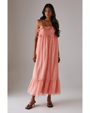 Warehouse Lace Ruffle Strappy Midi Sundress - Pink