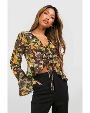 Boohoo Chiffon Floral Ruffle Blouse - Brown