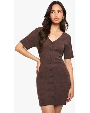 Boohoo Crinkle Ribbed Button Through Cap Sleeve A Line Mini Dress - Brown
