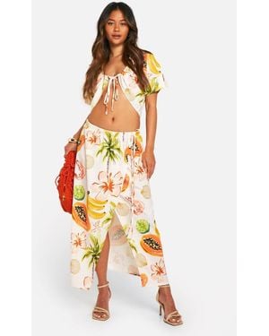 Boohoo Hammered Palm Print Ruched Front Shirt & Wrap Midaxi Skirt - Gray