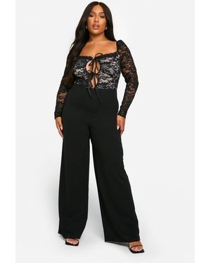 Boohoo Plus Lace Tie Front Wide Leg Jumpsuit - Black