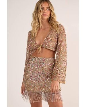 Nasty Gal Metallic Net Sequin Pearl Tie Front Fluted Sleeve Top - Brown