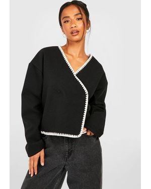 Boohoo Petite Contrast Stitch Wool Look Boxy Jacket - Black
