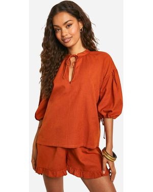 Boohoo Tie Neck Detail Puff Sleeve Top - Orange
