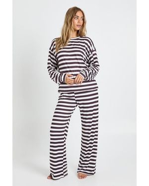 Boohoo Stripe Oversized Long Sleeve Top & Wide Leg Pants Pyjama Set - Blue