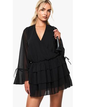 Boohoo Chiffon Long Sleeve Mini Dress - Black