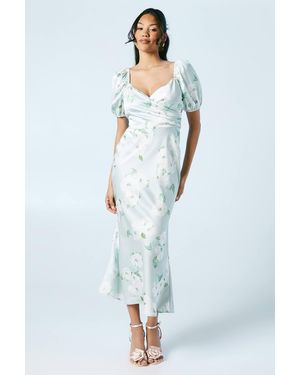 Oasis Sage Posy Puff Sleeve Satin Wrap Top Bridesmaid Midi Dress - Blue