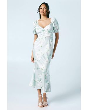 Oasis Sage Posy Puff Sleeve Satin Wrap Top Bridesmaid Midi Dress - Blue