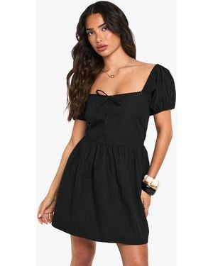 Boohoo Petite Cotton Poplin Puff Sleeve Mini Dress - Black
