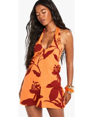 Boohoo Tropical Print Halterneck Romper - Orange