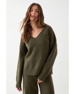 MissPap Oversized Knitted V Neck Rib Detail Sweater - Green