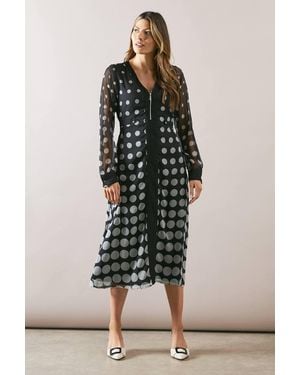 Wallis Zip Front Spot Border Chiffon Midi Dress - Black