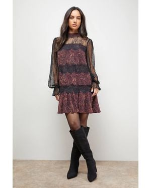 Oasis Printed Lace Tiered High Neck Balloon Sleeve Mini Dress