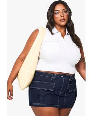 Boohoo Plus Collared Utility Rib Top - Blue
