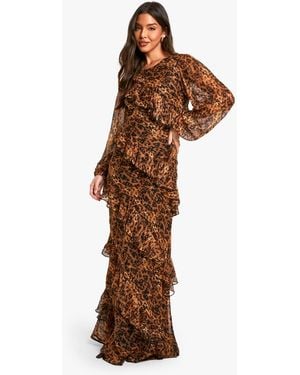 Boohoo Leopard Ruffle Chiffon Maxi Dress - Brown