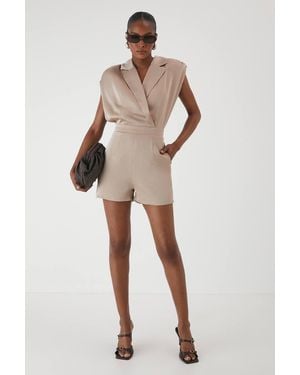MissPap Premium Satin Padded Shoulder Romper - Natural