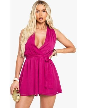 Boohoo Chiffon Plunge Belted Playsuit - Pink