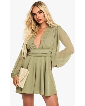Boohoo Chiffon Plunge Ruched Waist Romper - Green