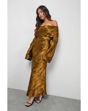Warehouse Petite Shimmer Satin Foldover Bardot Bias Midi Dress - Metallic