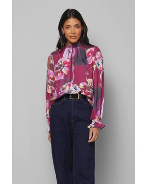 Wallis Abstract Print Shirred Neck Blouse - Pink