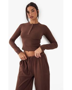 DSGN Studio Button Detail Embroidered Long Sleeve Top - Brown