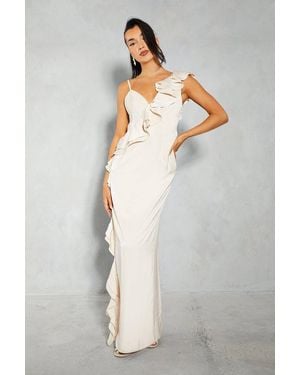 MissPap Premium Satin Frill Split Leg Maxi Slip Dress - White