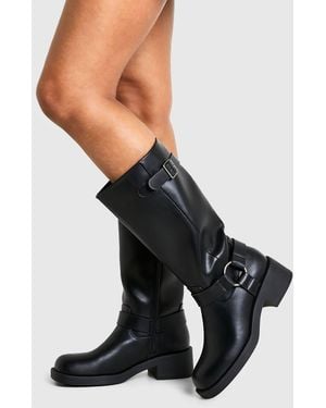 Boohoo Textured Harness Detail Biker Knee High Boot - Black