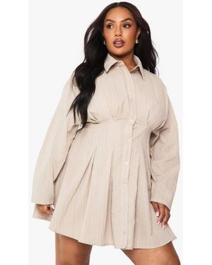 Boohoo Plus Textured Stripe Cinched Shirt Dress - Natural