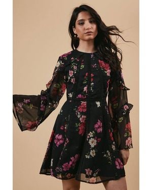Oasis Watercolor Floral Chiffon Lace Trim Mini Dress - Black