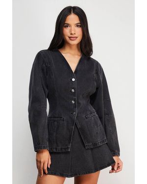 Warehouse Balloon Sleeve Nipped Waist Jean Jacket - Black
