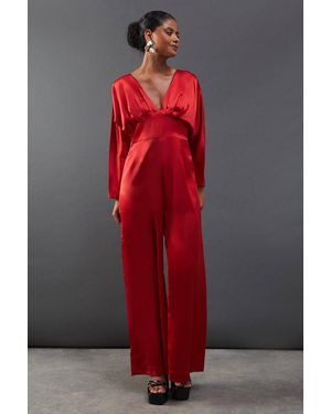 Warehouse Satin Batwing Wide Leg Jumpsuit - Red