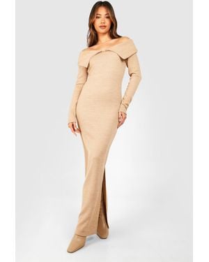 Boohoo Bardot Heavy Rib Long Sleeve Maxi Dress - Natural