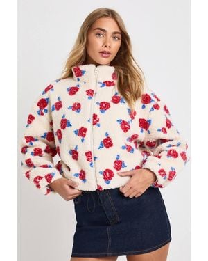 Boohoo Flower Teddy Zip Bomber Jacket - Red