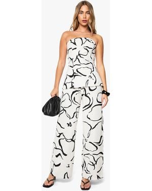 Boohoo Abstract Floral Linen Look Wide Leg Pants - White