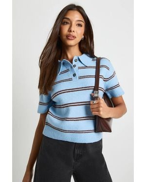 Boohoo Stripe Collared Oversized Knitted Top - Blue