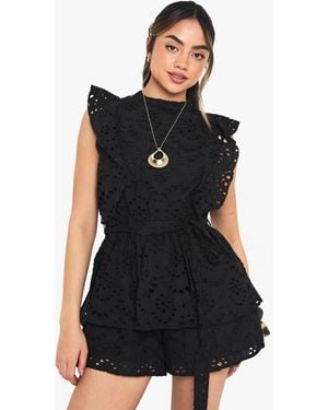 Boohoo Broderie Ruffle Romper - Black