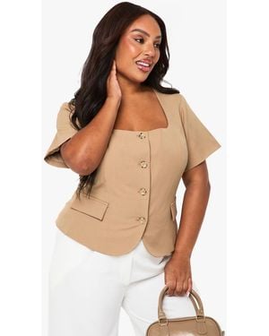 Boohoo Plus Square Neck Cinched Waist Short Sleeve Blazer - White