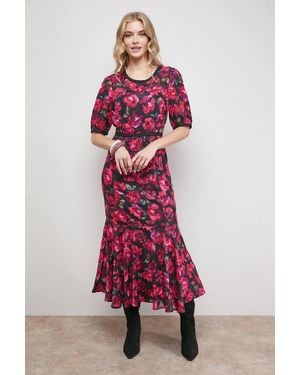 Oasis Printed Jacquard Stud Trim Detail Puff Sleeve Midi Dress - Pink