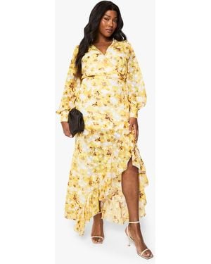Boohoo Plus Floral Ruffle Wrap Maxi Dress - Metallic