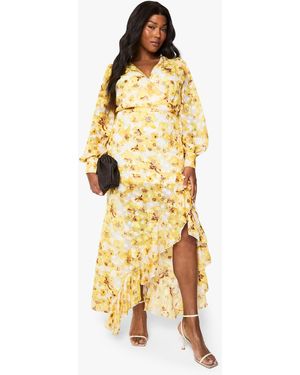 Boohoo Plus Floral Ruffle Wrap Maxi Dress - Metallic